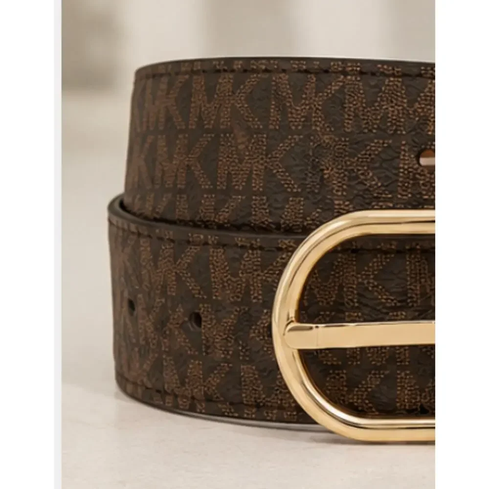 Michael Kors Reversible MK Logo Belt Brown Signature White Leather Gold XL